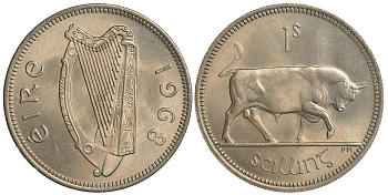 Ирландия 1 шиллинг 1968 бык KM 14a медно-никель UNC 4390-415