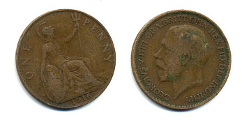 Великобритания 1 пенни 1916 Георг V (1910-1936) КМ 810, Spink 4051 бронза 47-115