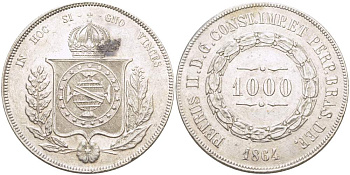 Бразилия 1000 рейс 1864 Педро II (1831-1889) KM 465 серебро  00-00