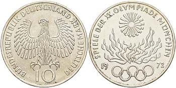 ФРГ 10 марок 1972 J, XX летние Олимпийские игры 1972 года в Мюнхене, олимпийский огонь KM 135, J.405 серебро UNC 4558-223