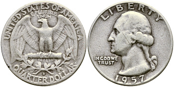 США 25 центов = квотер 1957 D, Вашингтон KM 164 серебро 4388-413
