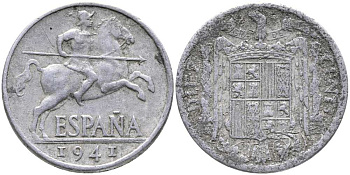 ИСПАНИЯ 10 СЕНТИМО 1941 РЫЦАРЬ НА КОНЕ KM 766 алюминий 110-916