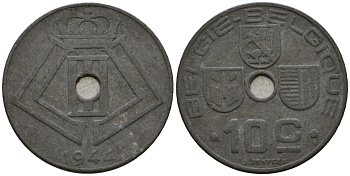 Бельгия 10 сантимов 1944 Belgie - Belgique KM 126 цинк 100-1032