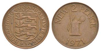 Гернси 2 новых пенса 1971 Елизавета II (1952-2022), ветряная мельница KM 22 бронза 4656-1052