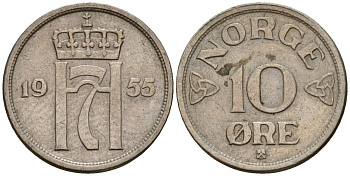 Норвегия 10 эре 1955 Хокон VII (1906 - 1957) KM 396 медно-никель 4154-763