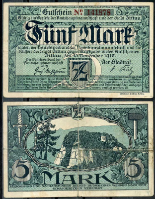 Германия, Циттау 5 марок 1918 нотгельд, 15.11.1918, 6 цифр в номере Geiger 578.01  бумага   444-113-2-2