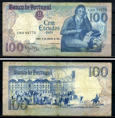 Португалия 100 эскудо 1984 Бокаже Мануэль Мария Барбоза, 31 января 1984, signatures: Manuel Jacinto Nunes & Alberto Jos? dos Santos Ramalheira Pick 178c(7) бумага 8590-10-3-2