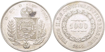 Бразилия 1000 рейс 1864 Педро II (1831-1889) KM 465 серебро  00-00