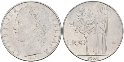 Италия 100 лир 1969 R, АФИНА В ДОСПЕХАХ KM 96.1 нержавеющая сталь 4572-332
