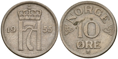 Норвегия 10 эре 1955 Хокон VII (1906 - 1957) KM 396 медно-никель 4154-763