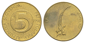 Словения 5 толаров 1994 ибекс, альпийский горный козел KM 6 латунь 4571-247