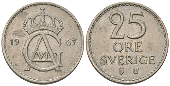 Швеция 25 эре 1967 U Густав VI Адольф (1950-1973) KM 836 медно-никель 4651-149