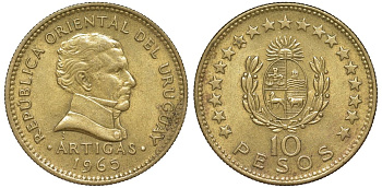 Уругвай 10 песо 1965 KM 48 алюминиевая бронза 4572-1144