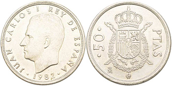 ИСПАНИЯ 50 ПЕСЕТ 1982 ХУАН КАРЛОС I (1975-) KM 825 медно-никель XF-UNC 4517-315