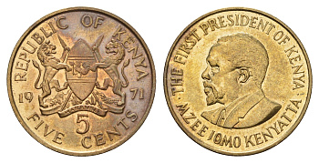 Кения 5 центов 1971 Джомо Кениата KM 10 никель латунь UNC 4114-416