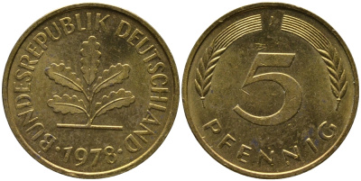ФРГ 5 пфеннигов 1978 J KM 107, J.382 сталь плакированная латунью 99-116