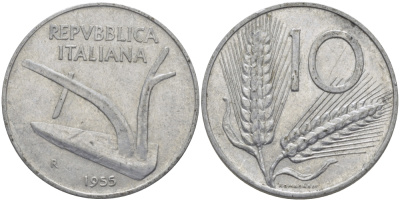 ИТАЛИЯ 10 ЛИР 1955 R, КОЛОСЬЯ, ПЛУГ KM 93 алюминий 28-124