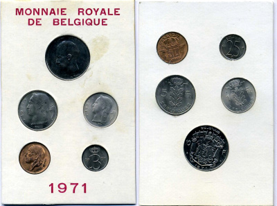 Бельгия набор из 5 монет 1971 25, 50 сантимов, 1, 5, 10 франков, Belgique, картонный буклет UNC 3-4-8-5