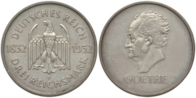 Германия 3 марки 1932 F, 100 лет со дня смерти Иоганна Вольфганга фон Гёте J. 350, KM 76 серебро aUNC 00-814-80