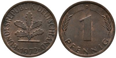 ФРГ 1 пфенниг 1972 D KM 105, J.380 сталь плакированная медью 99-321