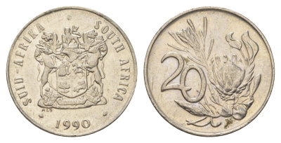 ЮАР 20 центов 1990 герб, цветок протея KM 86 никель 4626-813