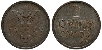 Данциг 2 пфеннига 1937 J. D3, KM 141 бронза 1526-1132
