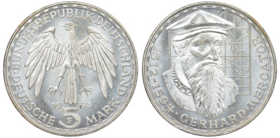 ФРГ 5 марок 1969 F, 375 лет со дня смерти Герарда Меркатора J. 400, KM 126.1 серебро 4178-826