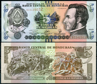 Гондурас 5 лемпира 2019 Франсиско Морасан, сцена битвы за Тринидад Pick 98 d  бумага  UNC (пресс) 447-106-3