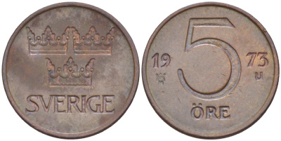 Швеция 5 эре 1973 U, Густав VI Адольф (1950-1973) KM 845 бронза 4181-1241