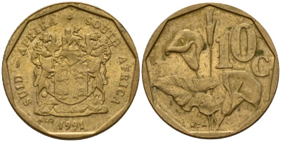 ЮАР 10 центов 1991 цветок KM 135 сталь плакированная латунью 4154-1135