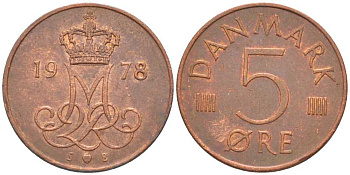ДАНИЯ 5 ЭРЕ 1978 S; B, МАРГРЕТЕ II (1972-) KM 859,1 железо плакированное медью 201-1166