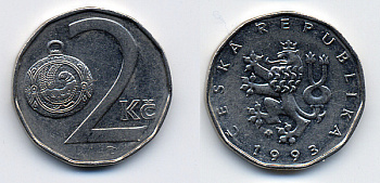 Чехия 2 кроны 1993 KM 9 сталь плакированная никелем 46-1326