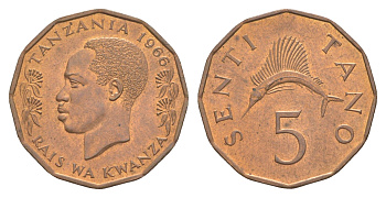 Танзания 5 центов 1966 KM 1 бронза UNC 4620-822