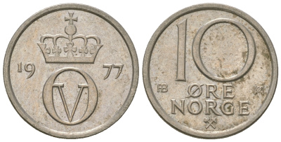 Норвегия 10 эре 1977 Улаф V (1957-1991) KM 416 медно-никель 3458-331