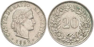 Швейцария 20 раппенов 1962 В KM 29a медно-никель 55-822
