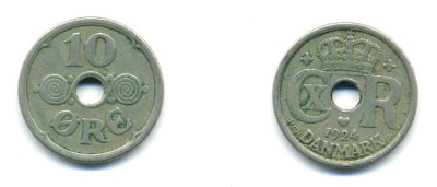 ДАНИЯ 10 ЭРЕ 1924 HCN ; GJ, КРИСТИАН X (1912-1947) KM 822.1 медно-никель 80-813