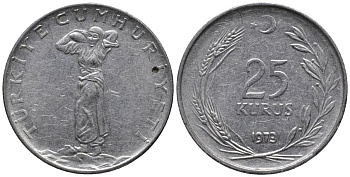 Турция 25 курушей 1973 KM 892.3 нержавеющия сталь 4577-617