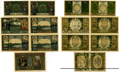 ФРОЗЕ НАБОР ИЗ 7 БАНКНОТ 1921 27 ИЮНЯ 1921, НОТГЕЛЬД (25, 25, 50, 50, 50, 50, 2Х50 ПФЕННИГОВ), НОМЕР 6, 6, 4, 4, 4, 3, 1, ЗЕМЛЯ САКСОНИЯ-АНХАЛЬТ Grabowski 398.3а бумага 2193-6-2-1