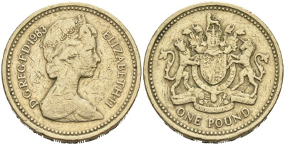 Великобритания 1 фунт 1983 Королевский Британский герб KM 933, Spink 4221 никель латунь 4513-616