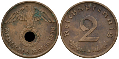 Германия 2 рейхспфеннига 1938 A J.362 KM 90 бронза    4598-748