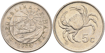 Мальта 5 центов 1986 краб KM 77 медно-никель 4516-214
