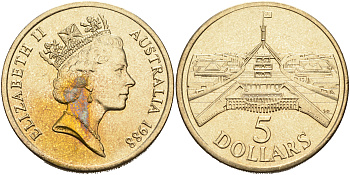 Австралия 5 долларов 1988 новое здание Парламента Австралии KM 102 алюминиевая бронза UNC 4558-831