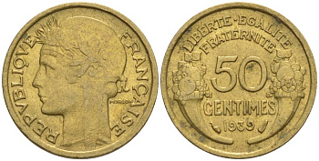 ФРАНЦИЯ 50 САНТИМОВ 1939 ТИП MORLON KM 894.1, LE FRANC 192.15 алюминиевая бронза 44-836