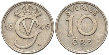 Швеция 10 эре 1946 TS, Густав V (1907-1950) KM 795 никель бронза 116-1168