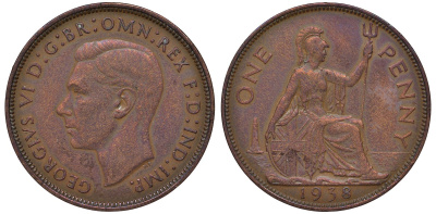 Великобритания 1 пенни 1938 Георг VI (1936-1952) KM 845, Spink 4114 бронза 4131-431