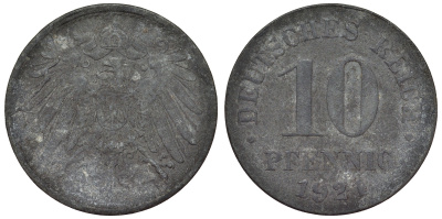 Германия 10 пфеннигов 1921 KM 26, J. 299, Weege 8 цинк 4119-343