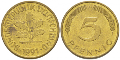 ФРГ 5 ПФЕННИГОВ 1991 J KM 107, J. 382 сталь плакированная латунью 4396-1656