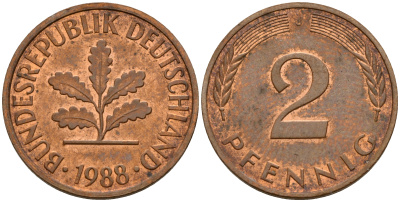 ФРГ 2 пфеннига 1988 J J.381a, KM 106a сталь плакированная медью    4598-922