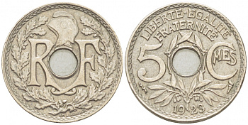 ФРАНЦИЯ 5 САНТИМОВ 1923 tb, ТИП ЛИНДАЙЁ, МОНЕТНЫЙ ДВОР ПУАССИ, МОЛНИЯ KM 875, LE FRANC 122.7 медно-никель 3309-1013