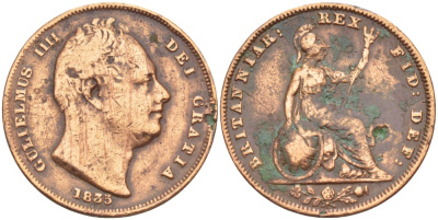 Великобритания 1 фартинг 1835 Вильгельм IV (1830-1837) KM 705, Spink 3848 медь 4543-825